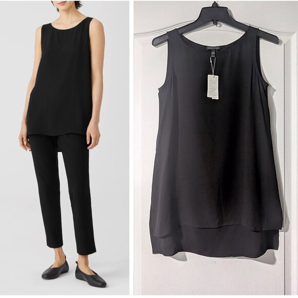 Eileen Fisher | Silk Georgette Crepe Bateau Neck Tank In Black - Picture 1 of 9